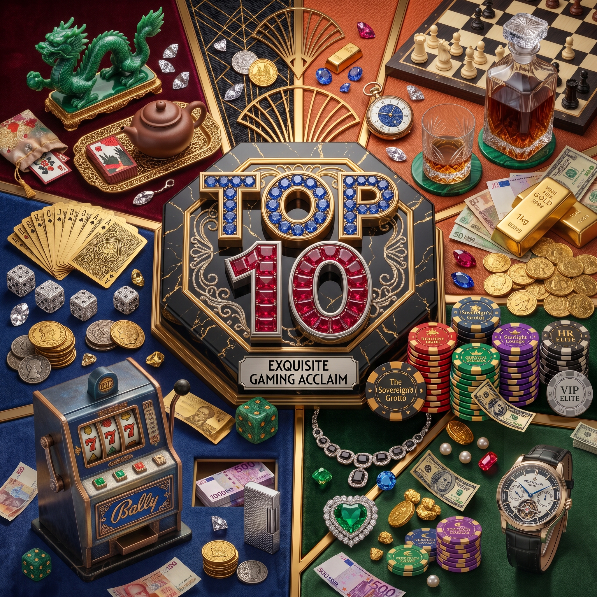Ornate mechanical ten with a roulette wheel, cards and chips